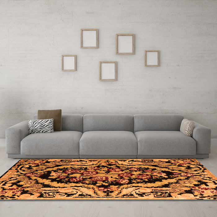 Machine Washable Abstract Orange Modern Area Rugs in a Living Room, wshabs4980org