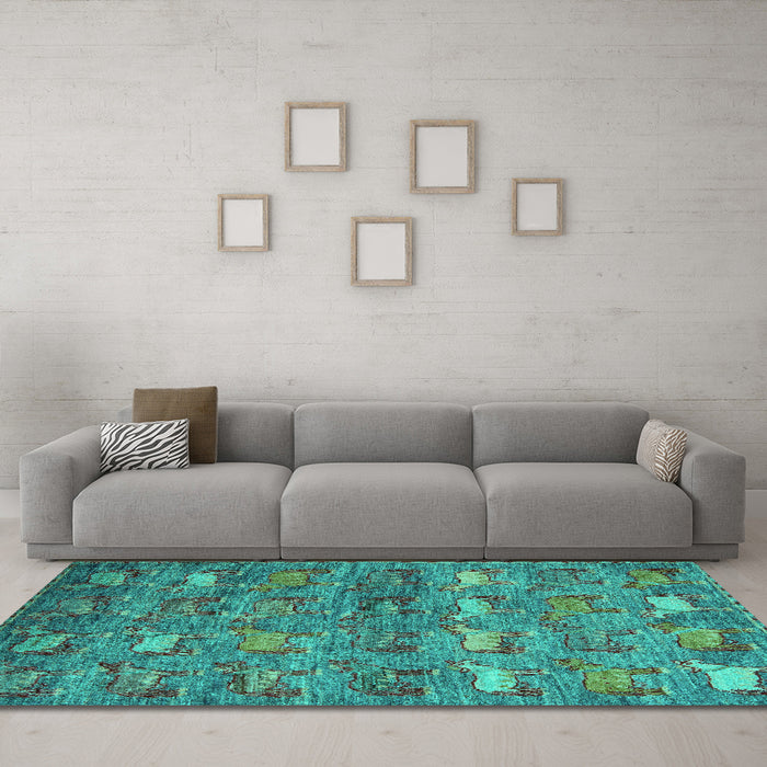 Machine Washable Abstract Turquoise Modern Area Rugs in a Living Room,, wshabs4989turq