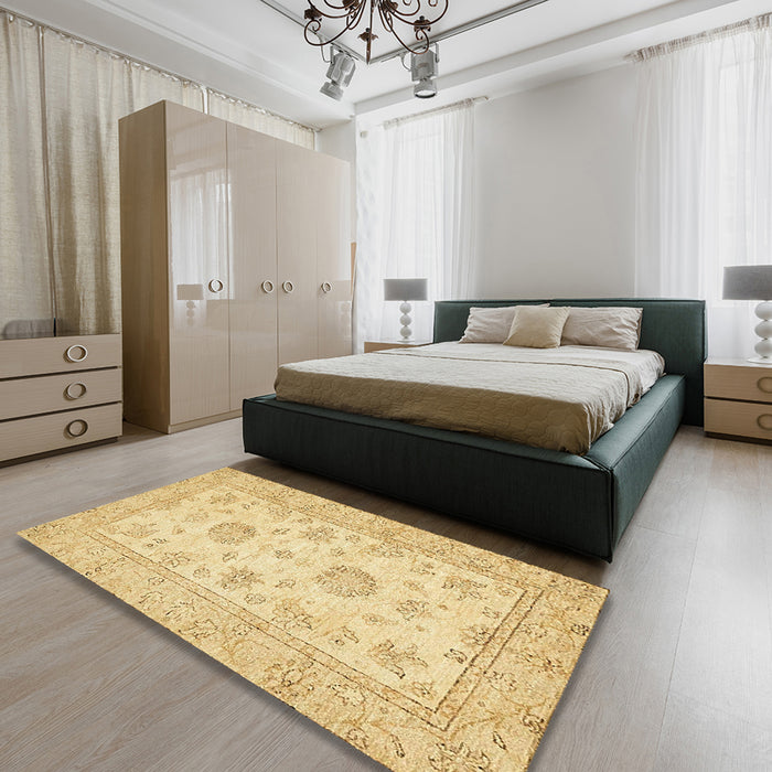 Abstract Yellow Oriental Rug in a Bedroom, abs498