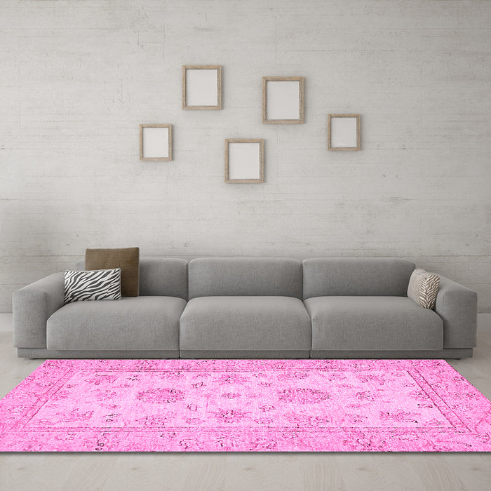Machine Washable Oriental Pink Traditional Rug in a Living Room, wshabs498pnk