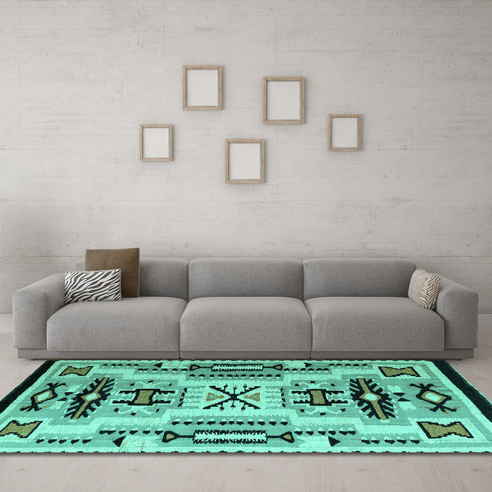 Machine Washable Abstract Turquoise Modern Area Rugs in a Living Room,, wshabs4994turq