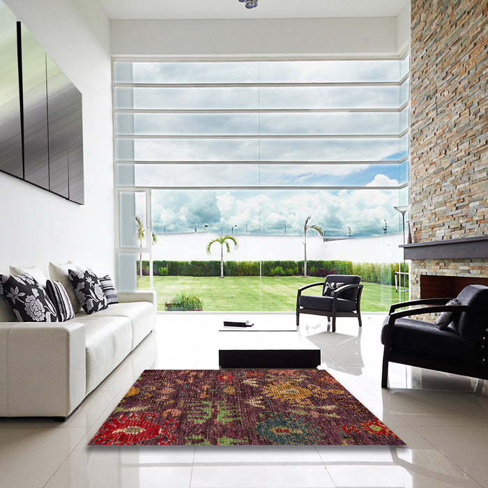 Square Abstract Red Modern Rug in a Living Room, abs4995