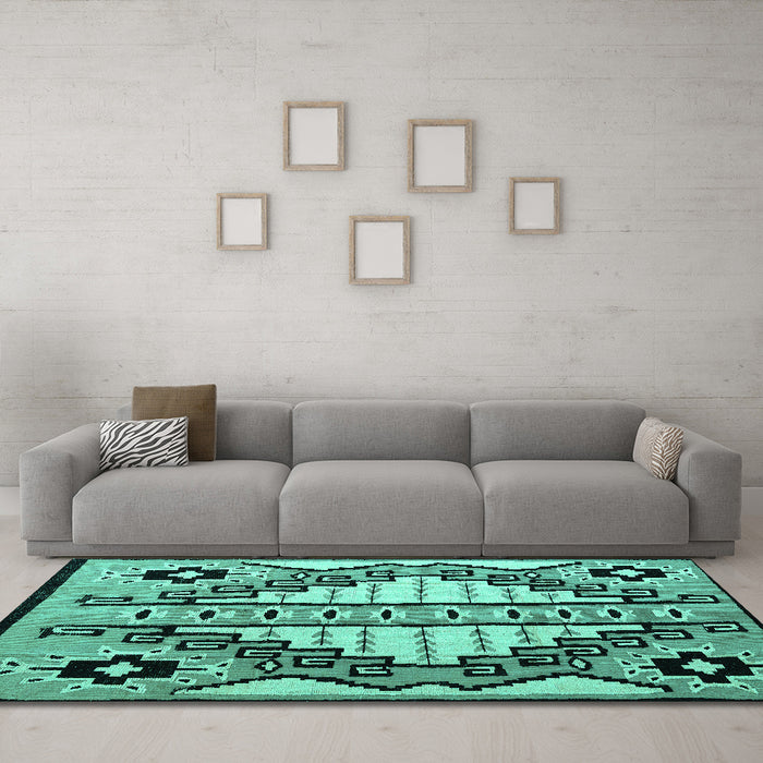 Machine Washable Abstract Turquoise Modern Area Rugs in a Living Room,, wshabs4997turq