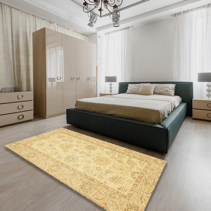 Abstract Mustard Yellow Oriental Rug in a Bedroom, abs499