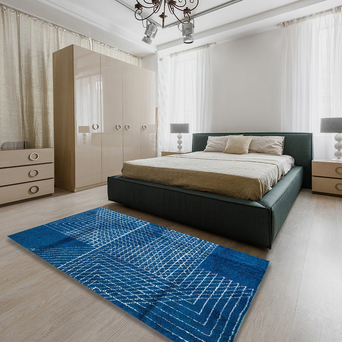 Abstract Blue Modern Rug in a Bedroom, abs5002