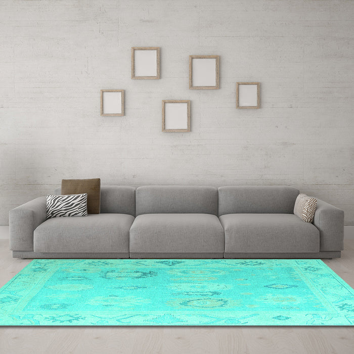 Machine Washable Oriental Turquoise Traditional Area Rugs in a Living Room,, wshabs5007turq