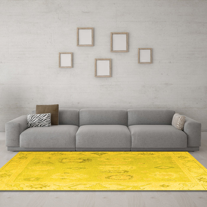 Machine Washable Oriental Yellow Traditional Rug in a Living Room, wshabs5007yw
