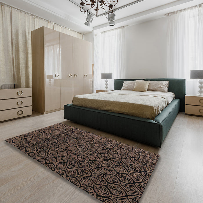 Abstract Dark Gold Brown Oriental Rug in a Bedroom, abs5015