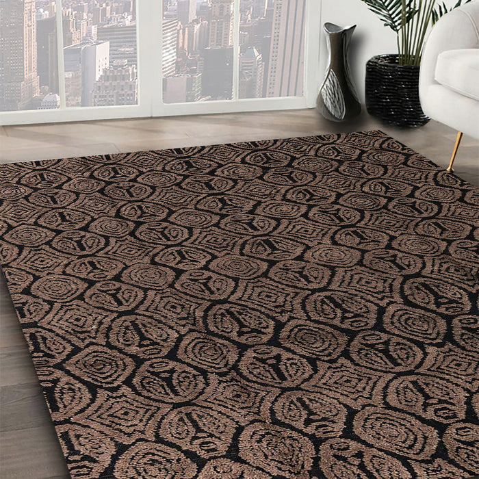 Abstract Dark Gold Brown Oriental Rug in Family Room, abs5015