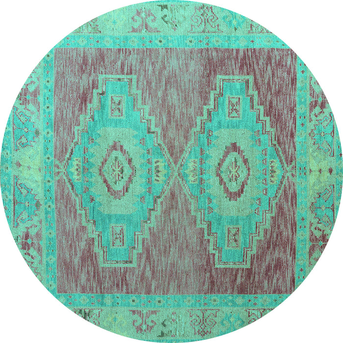 Round Machine Washable Oriental Turquoise Modern Area Rugs, wshabs5023turq