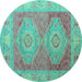 Round Machine Washable Oriental Turquoise Modern Area Rugs, wshabs5023turq