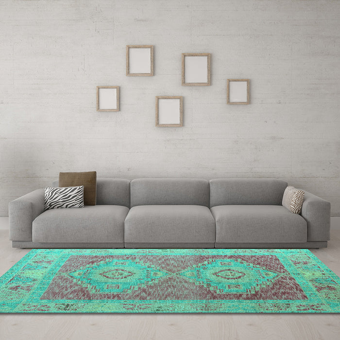 Machine Washable Oriental Turquoise Modern Area Rugs in a Living Room,, wshabs5023turq