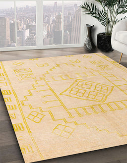 Abstract Brown Gold Oriental Rug in Family Room, abs5025