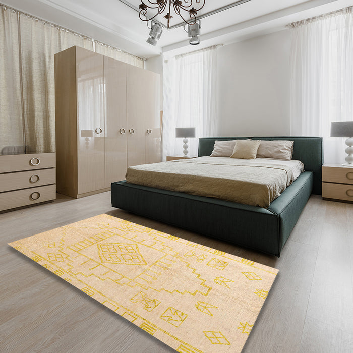 Machine Washable Abstract Brown Gold Rug in a Bedroom, wshabs5025