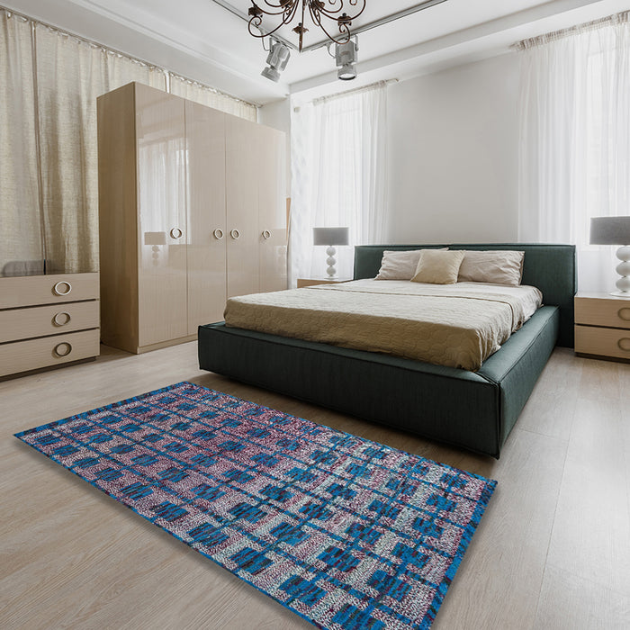 Abstract Light Purple Blue Oriental Rug in a Bedroom, abs5028