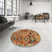 Round Abstract Gold Oriental Rug in a Office, abs5030