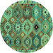 Round Machine Washable Oriental Turquoise Modern Area Rugs, wshabs5030turq