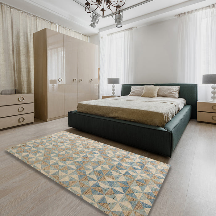 Abstract Tan Brown Oriental Rug in a Bedroom, abs5031