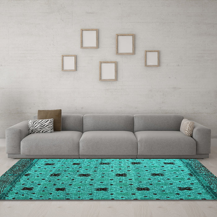 Machine Washable Oriental Turquoise Modern Area Rugs in a Living Room,, wshabs5037turq