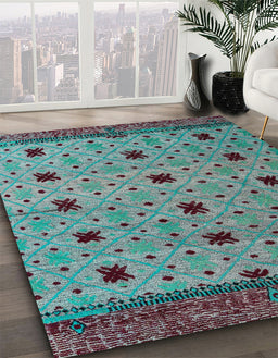 Abstract AquaMarine Green Oriental Rug in Family Room, abs5037