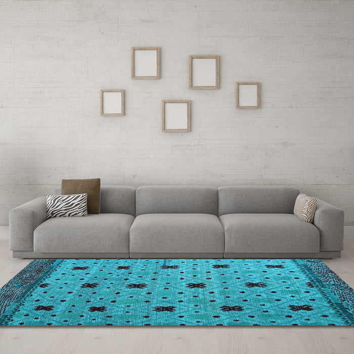 Machine Washable Oriental Light Blue Modern Rug in a Living Room, wshabs5037lblu