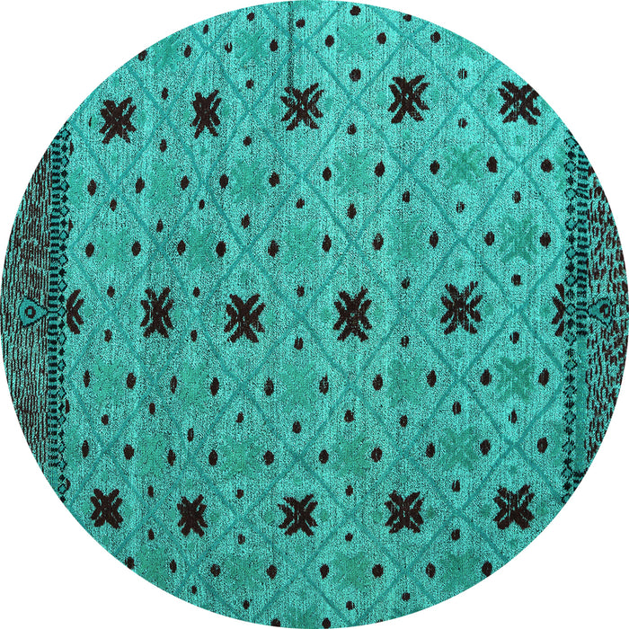 Round Machine Washable Oriental Turquoise Modern Area Rugs, wshabs5037turq
