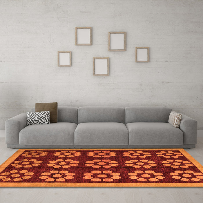 Machine Washable Abstract Orange Modern Area Rugs in a Living Room, wshabs5047org