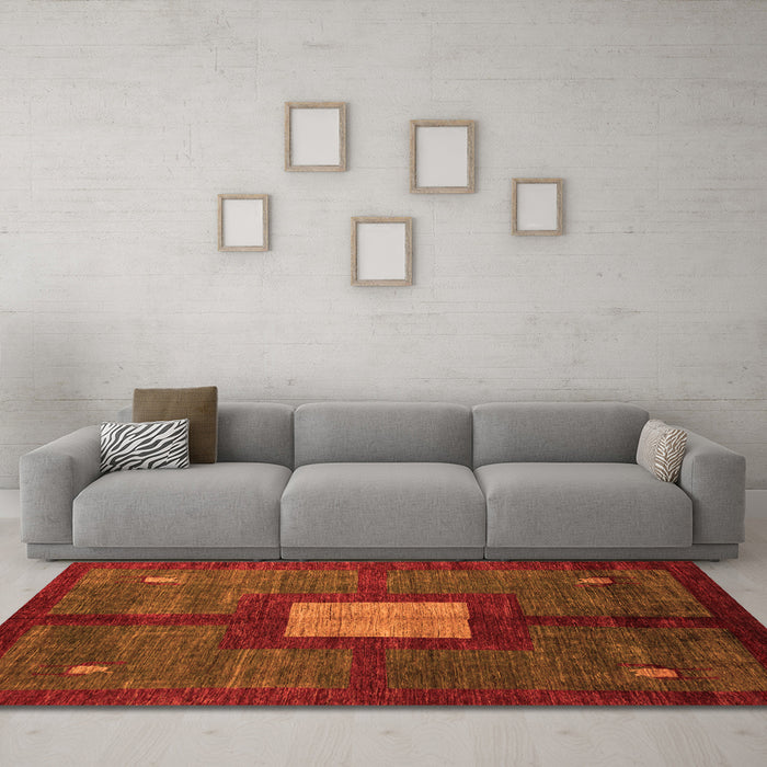 Machine Washable Abstract Orange Modern Area Rugs in a Living Room, wshabs5049org