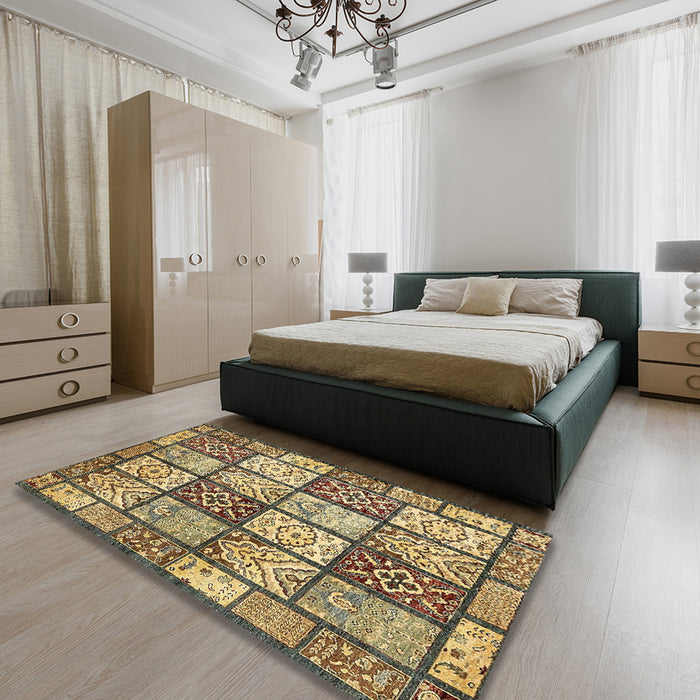 Machine Washable Abstract Chrome Gold Yellow Rug in a Bedroom, wshabs504