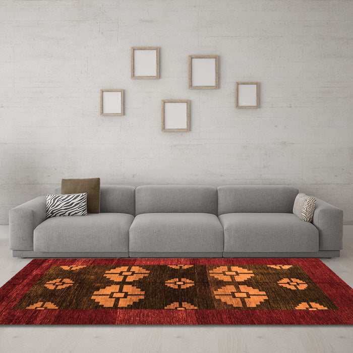 Machine Washable Abstract Orange Modern Area Rugs in a Living Room, wshabs5051org