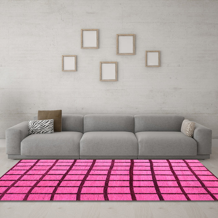 Machine Washable Checkered Pink Modern Rug in a Living Room, wshabs5052pnk
