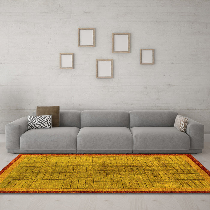 Machine Washable Abstract Yellow Modern Rug in a Living Room, wshabs5053yw