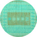 Round Machine Washable Abstract Turquoise Modern Area Rugs, wshabs5057turq