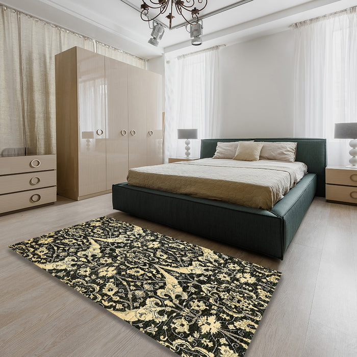 Machine Washable Abstract Ginger Brown Green Rug in a Bedroom, wshabs505