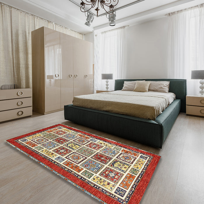 Machine Washable Abstract Tomato Red Rug in a Bedroom, wshabs506