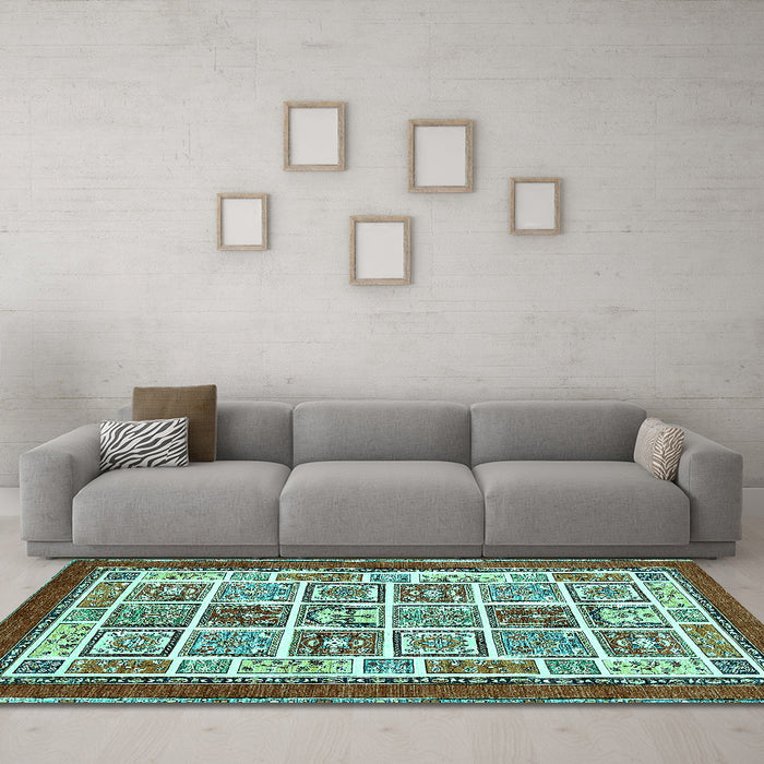 Machine Washable Abstract Turquoise Modern Area Rugs in a Living Room,, wshabs506turq