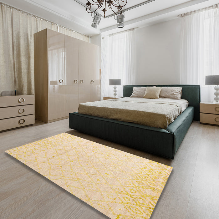 Machine Washable Abstract Sun Yellow Rug in a Bedroom, wshabs5072