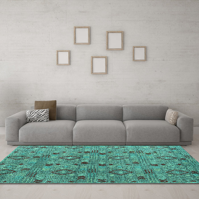 Machine Washable Abstract Turquoise Modern Area Rugs in a Living Room,, wshabs5073turq