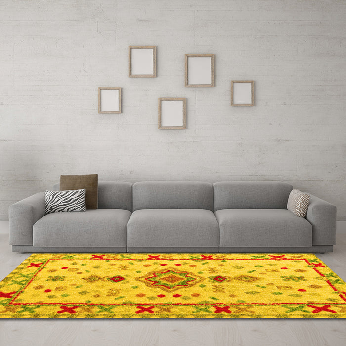 Machine Washable Oriental Yellow Traditional Rug in a Living Room, wshabs5078yw