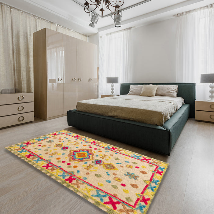 Abstract Bronze Brown Oriental Rug in a Bedroom, abs5078