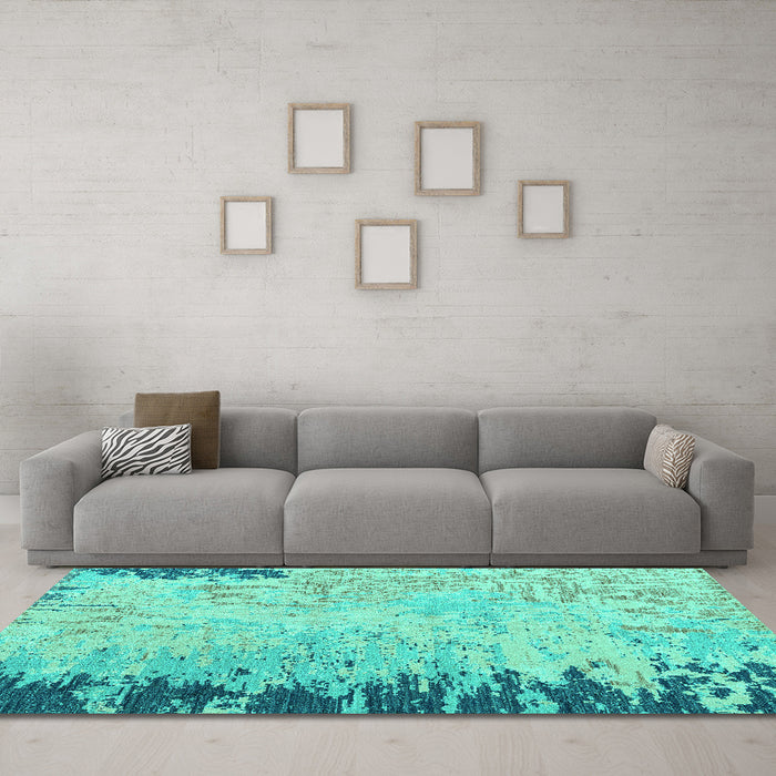 Machine Washable Abstract Turquoise Modern Area Rugs in a Living Room,, wshabs5087turq