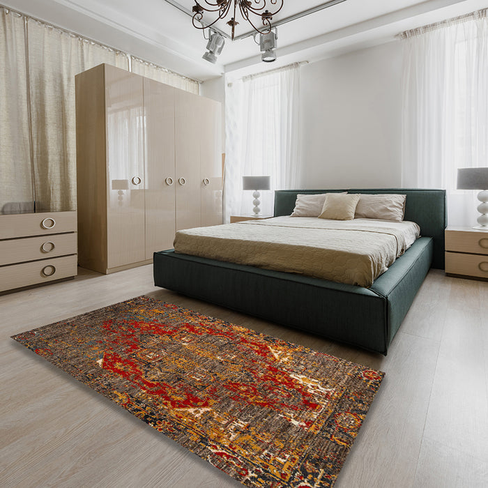 Abstract Saffron Red Persian Rug in a Bedroom, abs5088