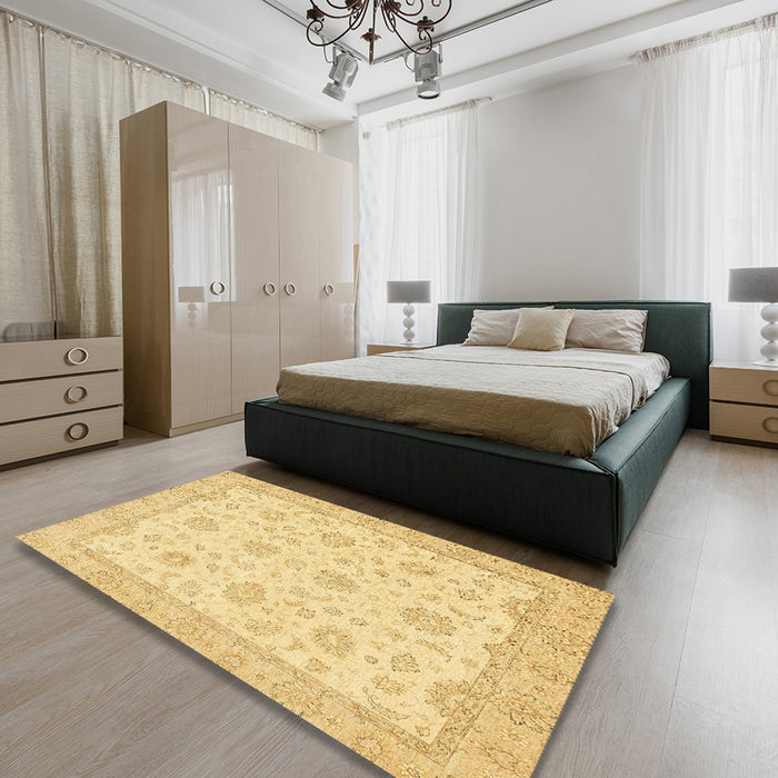 Abstract Mustard Yellow Oriental Rug in a Bedroom, abs508