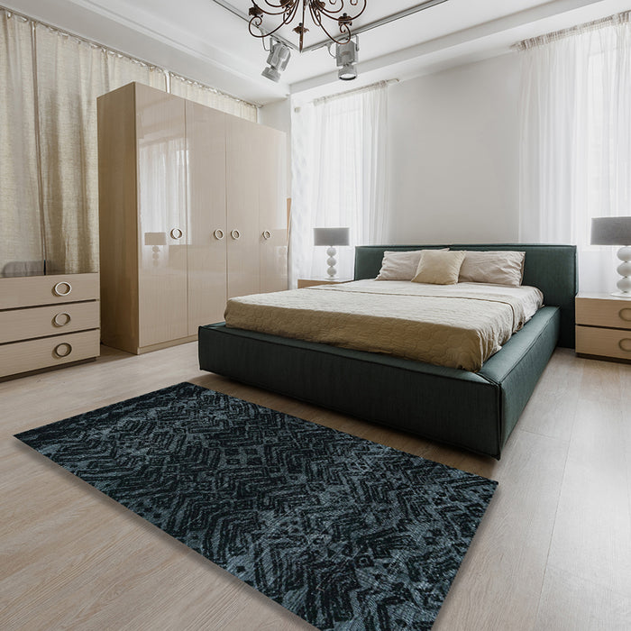 Machine Washable Abstract Blue Moss Green Rug in a Bedroom, wshabs5092