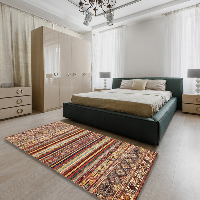 Machine Washable Abstract Saffron Red Rug in a Bedroom, wshabs509