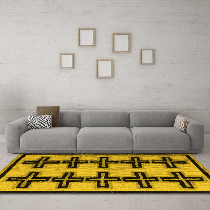 Machine Washable Abstract Yellow Modern Rug in a Living Room, wshabs5109yw