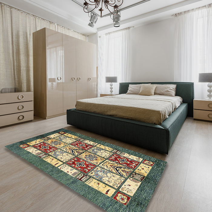 Machine Washable Abstract Ginger Brown Green Rug in a Bedroom, wshabs510