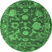 Round Machine Washable Oriental Emerald Green Traditional Area Rugs, wshabs5111emgrn