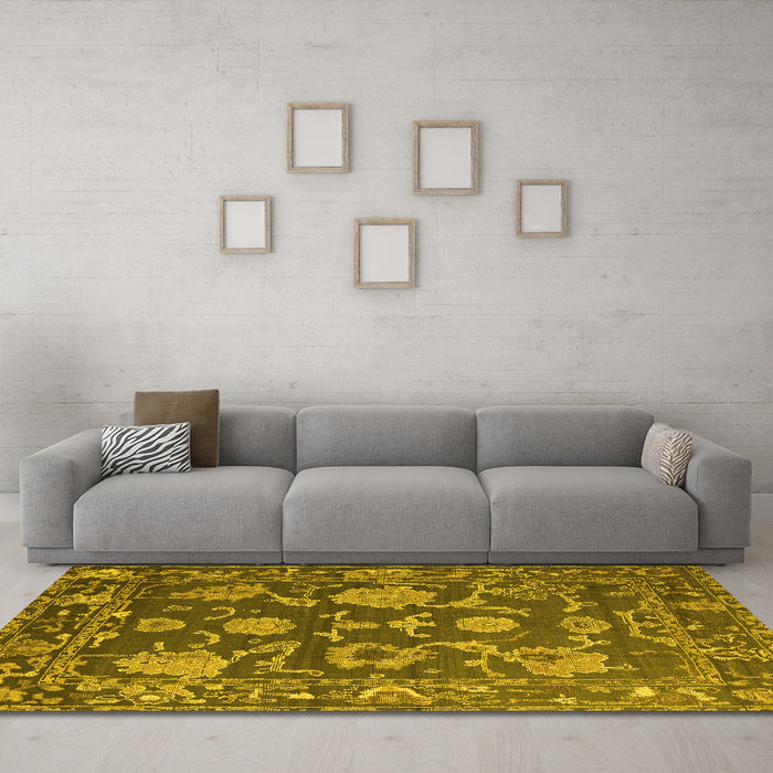 Machine Washable Oriental Yellow Traditional Rug in a Living Room, wshabs5111yw