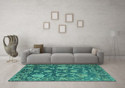 Machine Washable Oriental Turquoise Traditional Area Rugs in a Living Room,, wshabs5111turq